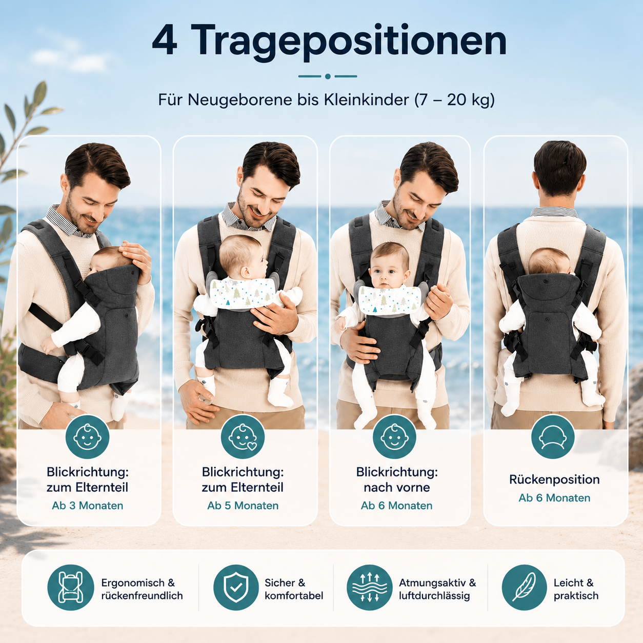 OCEANBABY Babytrage – Ergonomisch für Neugeborene bis Kleinkind (7–20 kg)