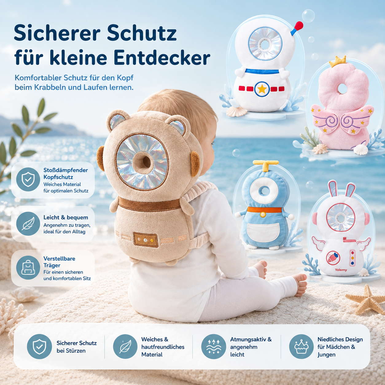 OCEANBABY Kopfschutzkissen – Verstellbarer Sturzschutz-Rucksack