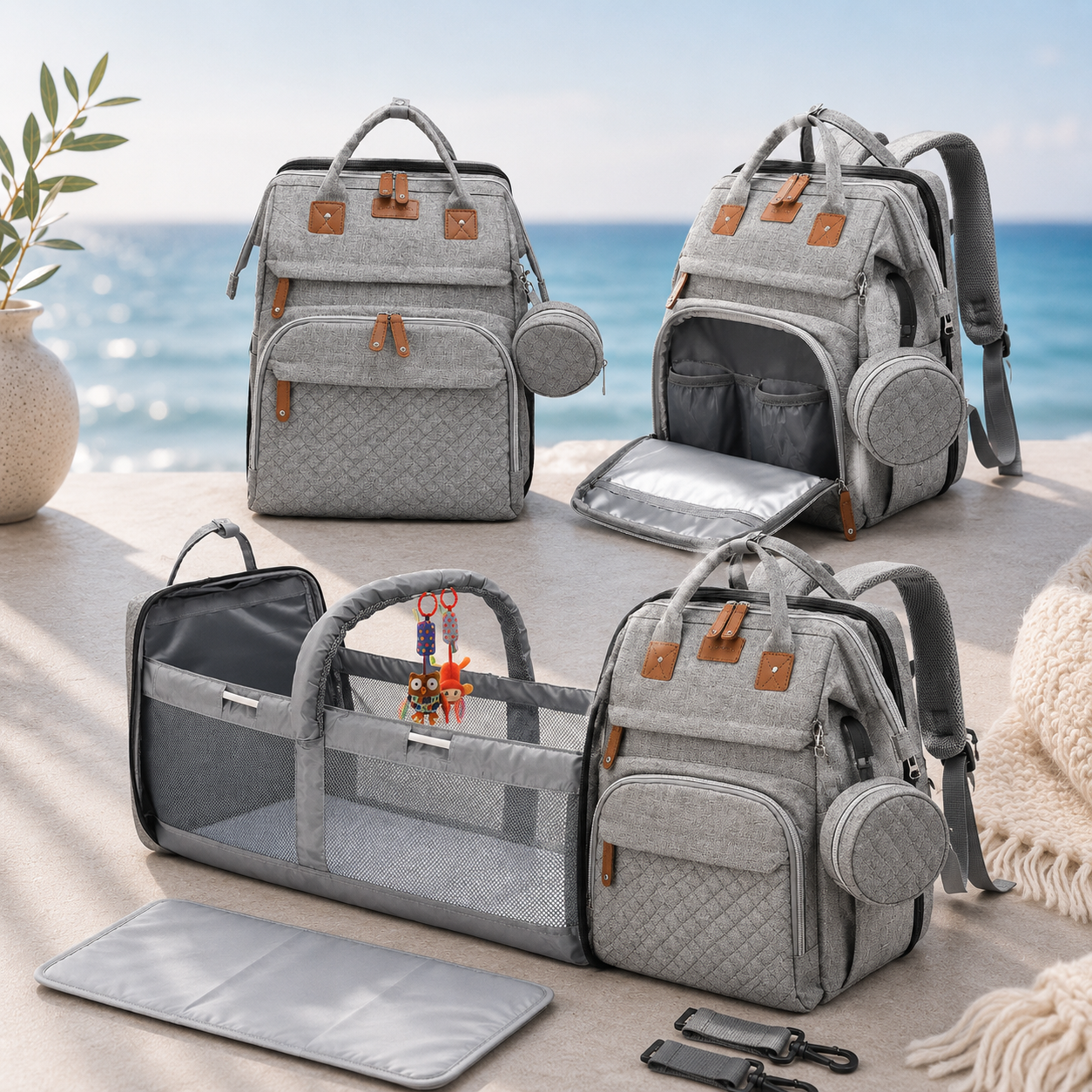OCEANBABY Wickelrucksack – Geräumig mit Kinderwagen-Haken & Fächern