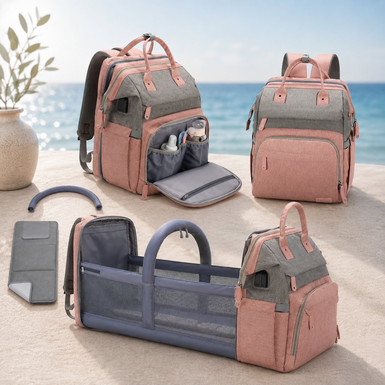 OCEANBABY Wickelrucksack – Geräumig mit Kinderwagen-Haken & Fächern