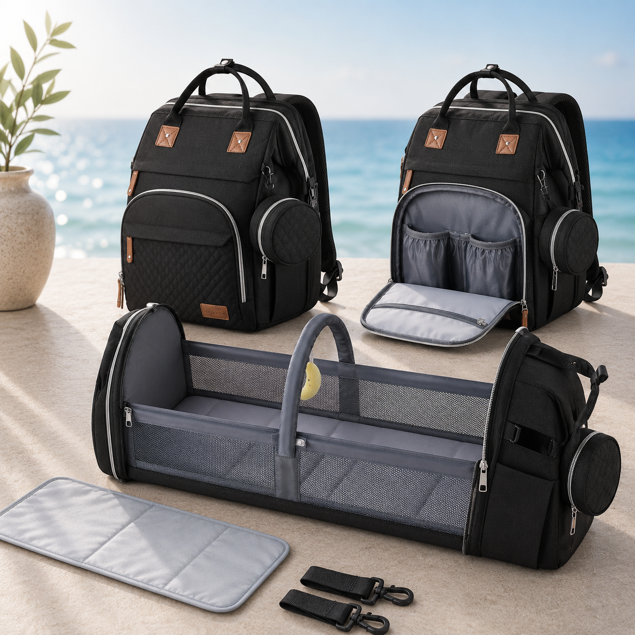 OCEANBABY Wickelrucksack – Geräumig mit Kinderwagen-Haken & Fächern