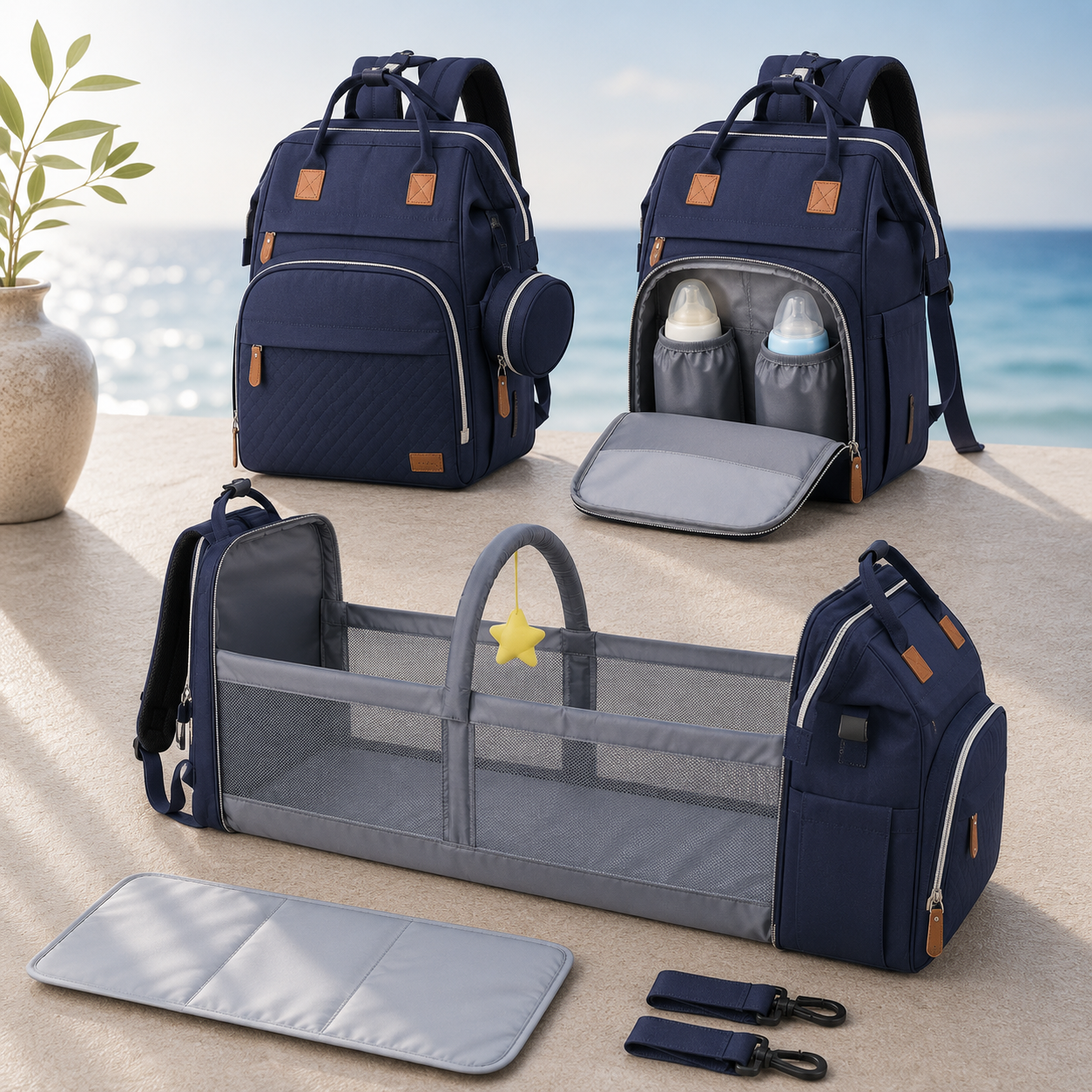 OCEANBABY Wickelrucksack – Geräumig mit Kinderwagen-Haken & Fächern
