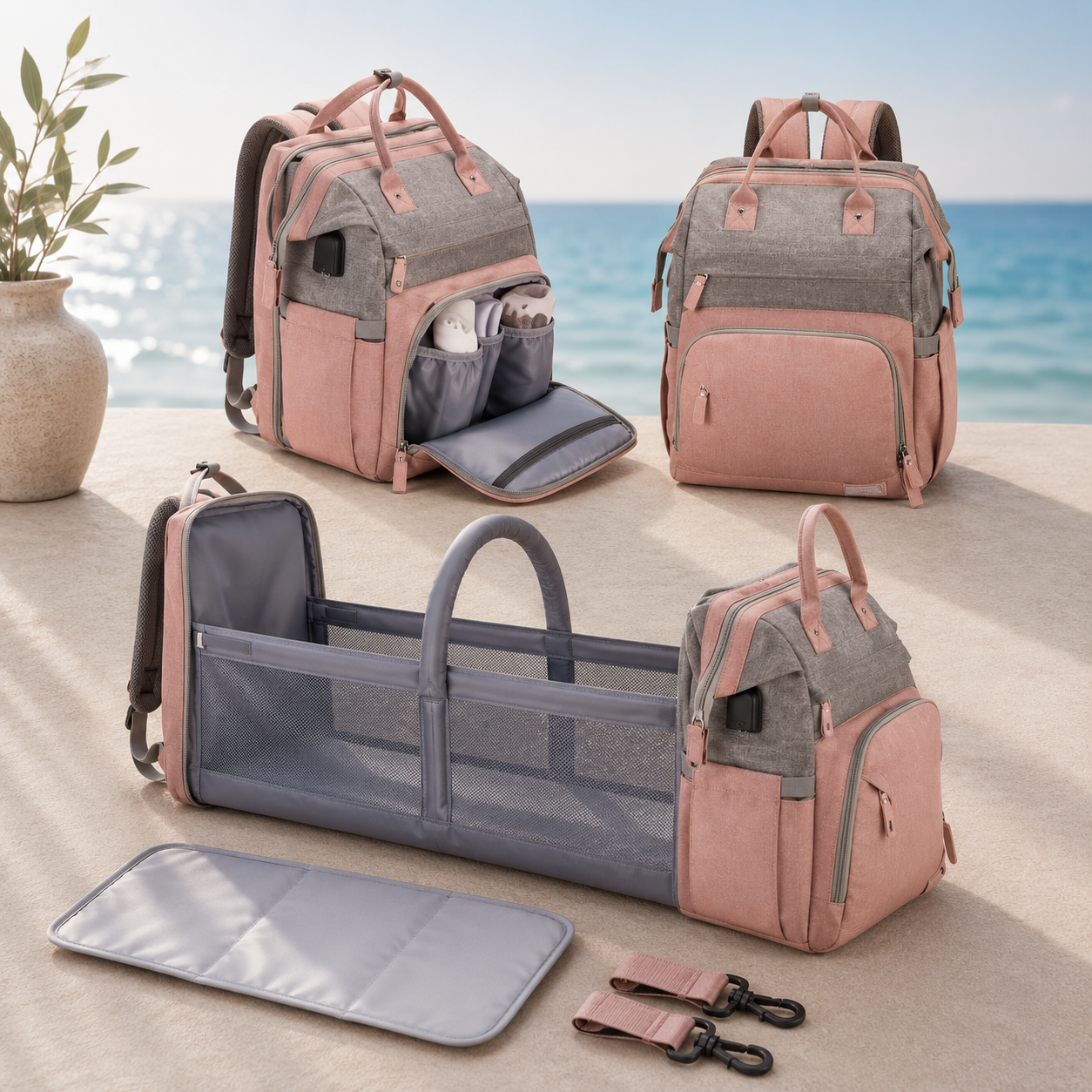 OCEANBABY Wickelrucksack – Geräumig mit Kinderwagen-Haken & Fächern