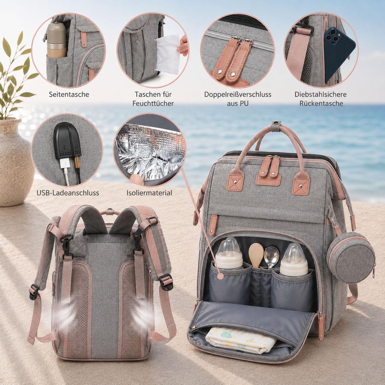OCEANBABY Wickelrucksack – Geräumig mit Kinderwagen-Haken & Fächern