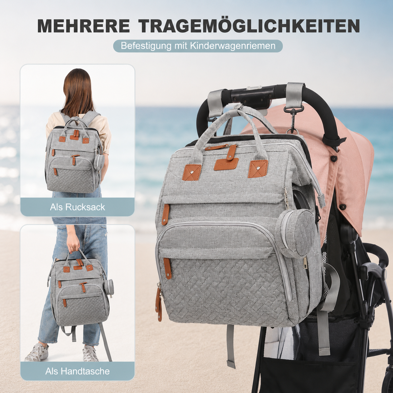 OCEANBABY Wickelrucksack – Geräumig mit Kinderwagen-Haken & Fächern