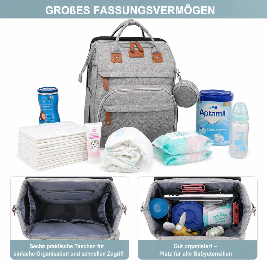 OCEANBABY Wickelrucksack – Geräumig mit Kinderwagen-Haken & Fächern
