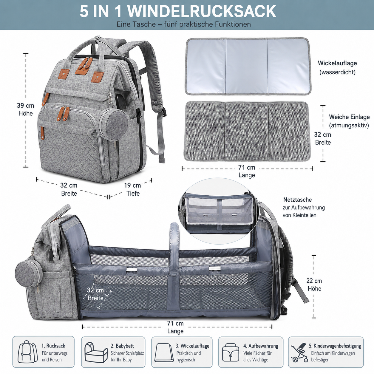 OCEANBABY Wickelrucksack – Geräumig mit Kinderwagen-Haken & Fächern